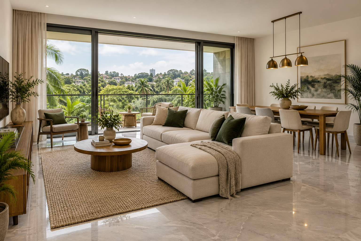 Furnished living and dining room interior design concept with light-grey porcelain flooring